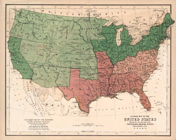 1857 Smithsonian map prior to the Civil War, pink shows the slave states